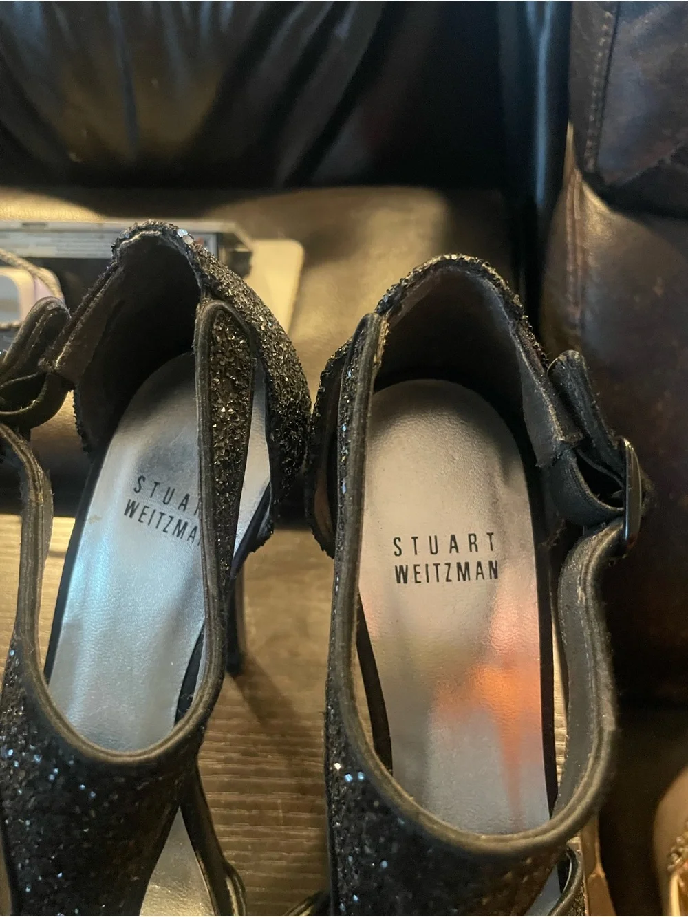 Stuart Weitzman Black Glitter T-Strap Heels Size 6